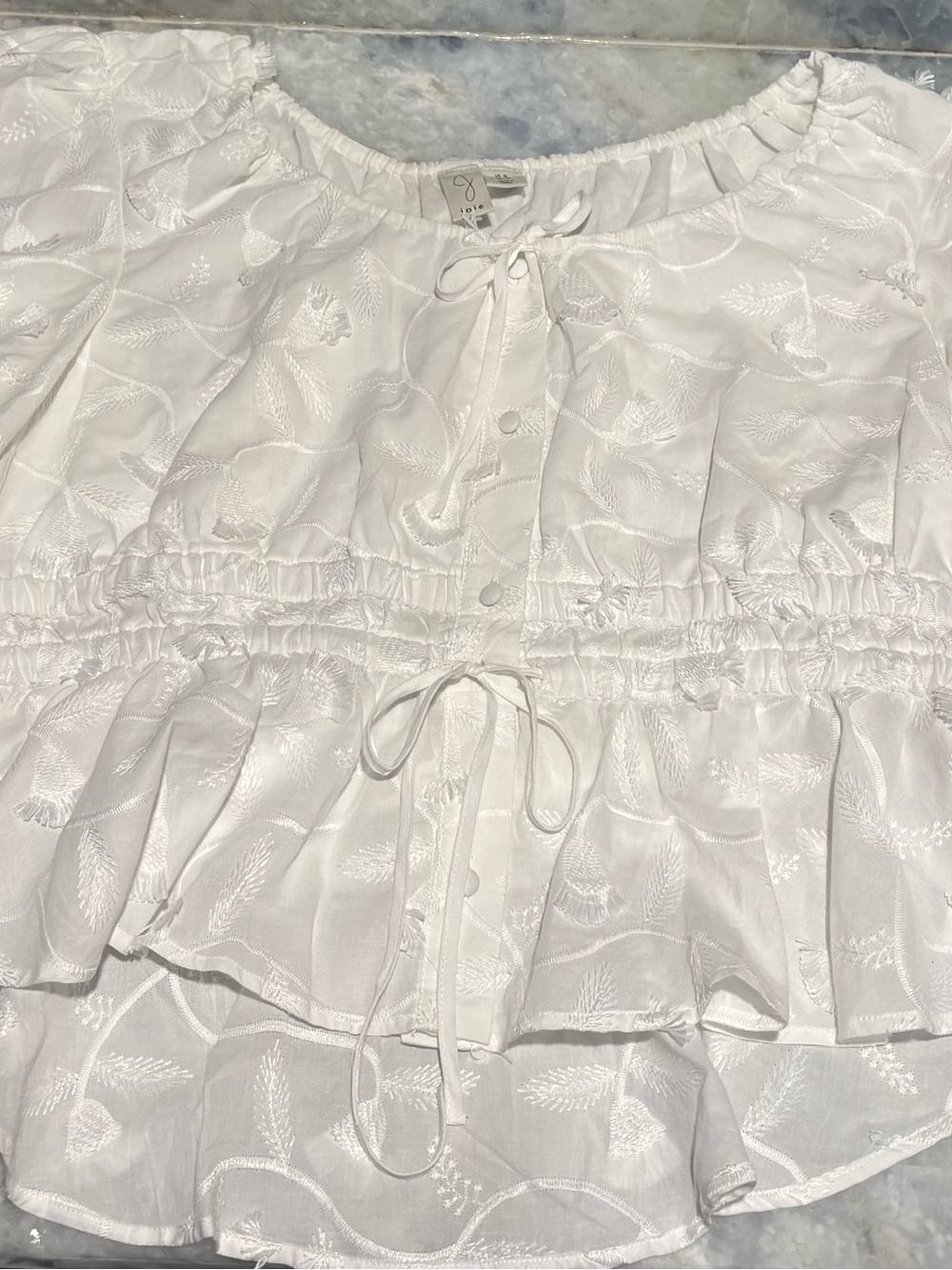 Joie Women's White Puff Sleeve Embroidered Floral Peplum Blouse Size Xl